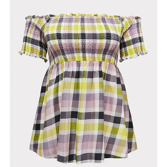 TORRID Plaid Peplum Babydoll Gauze Smocked Off-Shoulder Top NWT Size 1 - Picture 5 of 5